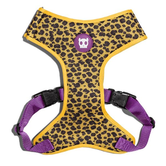 Arnés Zeedog Mesh Plus estampado leopardo amarillo talla S con correas moradas