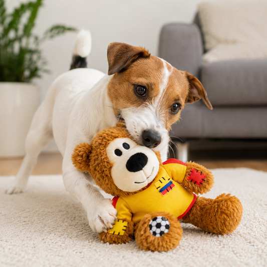 Perro pequeño jugando con peluche Kong Oso Knots Colombia en sala moderna
