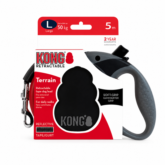 Correa retráctil negra KONG Terrain Large 5 m para perros hasta 50 kg con mango antideslizante