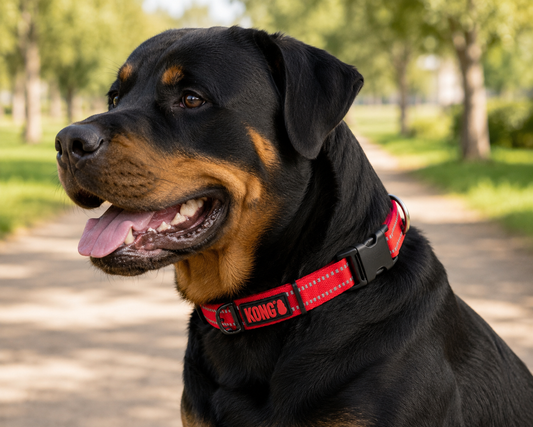 Rottweiler con collar rojo reflectivo de nylon KONG con hebilla de seguridad en un parque