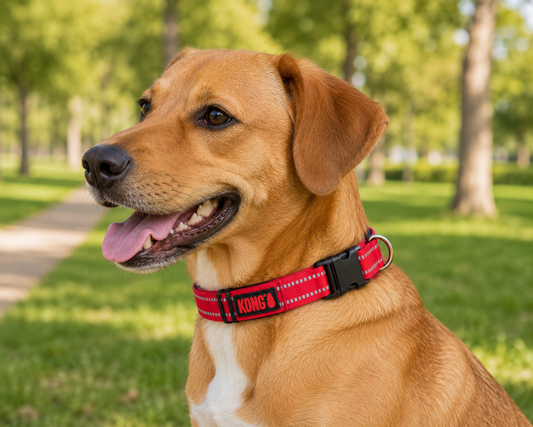 Perro labrador retriever dorado con collar reflectivo rojo KONG en parque verde