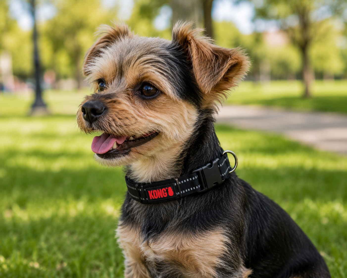 Perro pequeño con collar de nylon negro KONG con costuras reflectivas en un parque