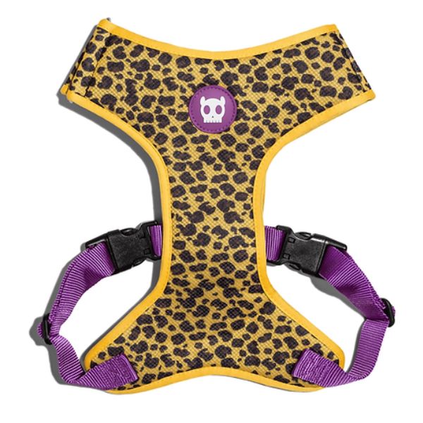 Arnés Zeedog Mesh Plus estampado leopardo amarillo talla S con correas moradas