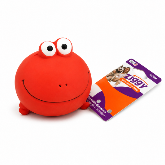 Juguete interactivo rojo para perros Ziggy Rana con ojos saltones, masticable y para lanzar