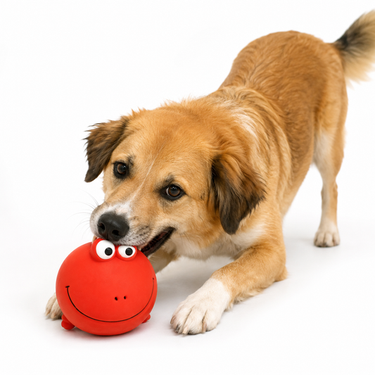 Perro golden retriever jugando con juguete masticable rojo en forma de rana con ojos saltones