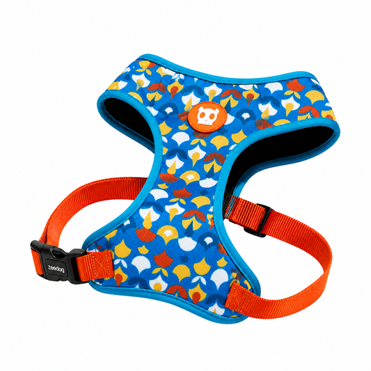 Arnés colorido Zeedog Mesh Plus Marrakesh para perros pequeños con diseño azul, amarillo y rojo