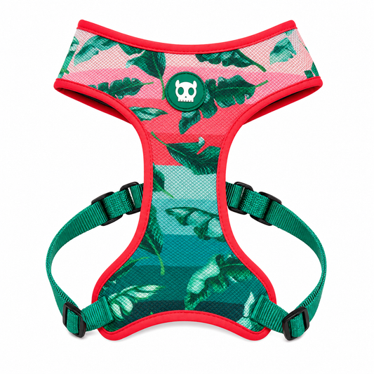 Arnés Zeedog Mesh Plus Bali talla L con diseño de hojas tropicales en rojo y verde