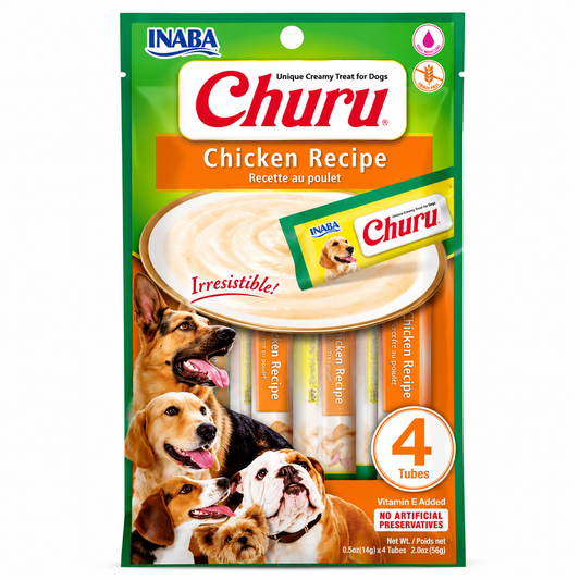 Tubos cremosos Inaba Churu sabor pollo para perros, paquete de 4 con vitamina E