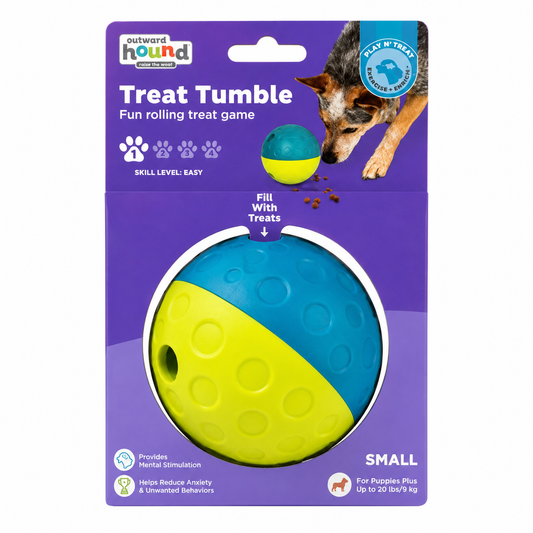 Juguete interactivo dispensador de premios Outward Hound Treat Tumble Small azul y amarillo