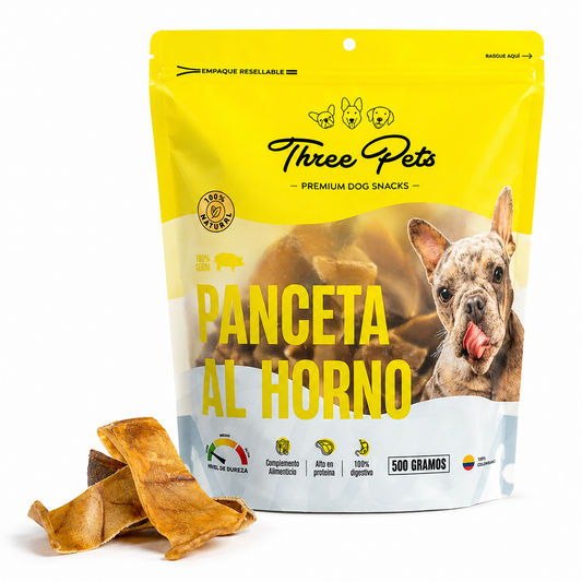 Empaque de snack natural Three Pets panceta al horno 500 g para perros