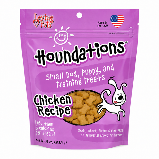 Bolsa morada de premios de entrenamiento Loving Pets Houndations sabor pollo para perros pequeños