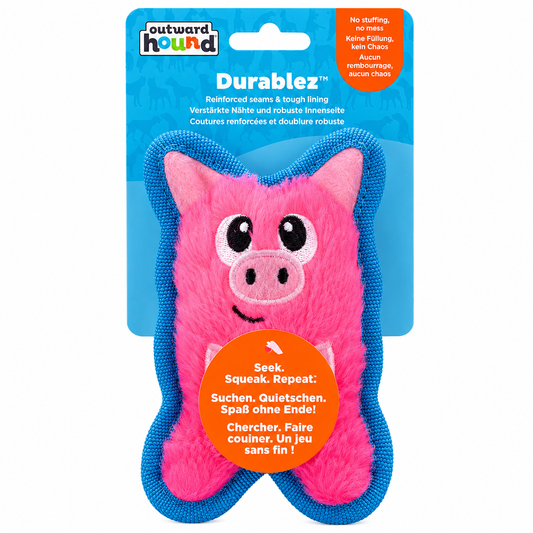 Juguete de cerdo rosado Outward Hound Durablez con bordes azules reforzados y chillador