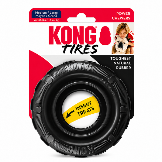 Juguete de caucho negro KONG Tires Medium/Large con hueco para premios para perros