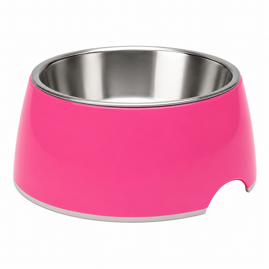 Comedero rosa para mascotas con tazón acero inoxidable y base de goma antideslizante
