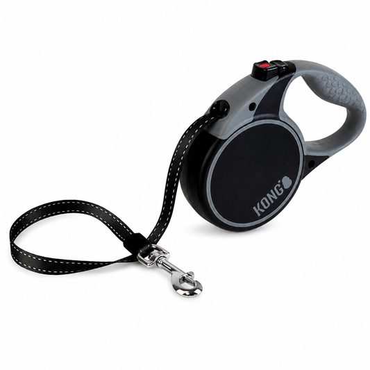 Correa retráctil negra y gris KONG Terrain Small con mango texturizado para perros pequeños