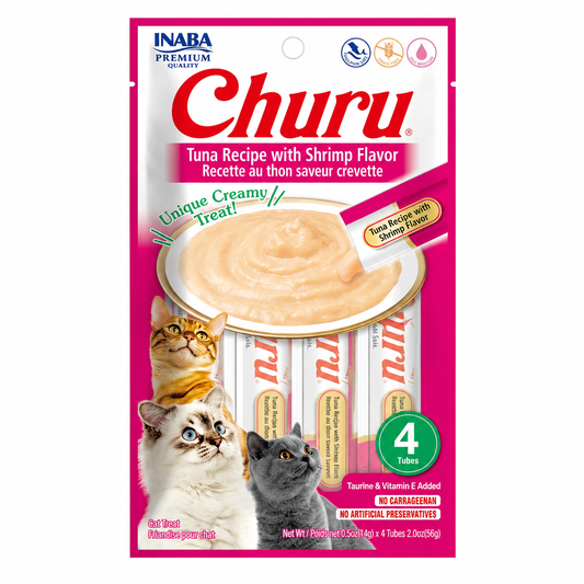 Tubos cremosos Inaba Churu sabor atún y camarón para gatos, paquete de 4