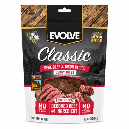 Empaque de premios Evolve Classic Jerky Bites de res y bisonte sin grano para perros
