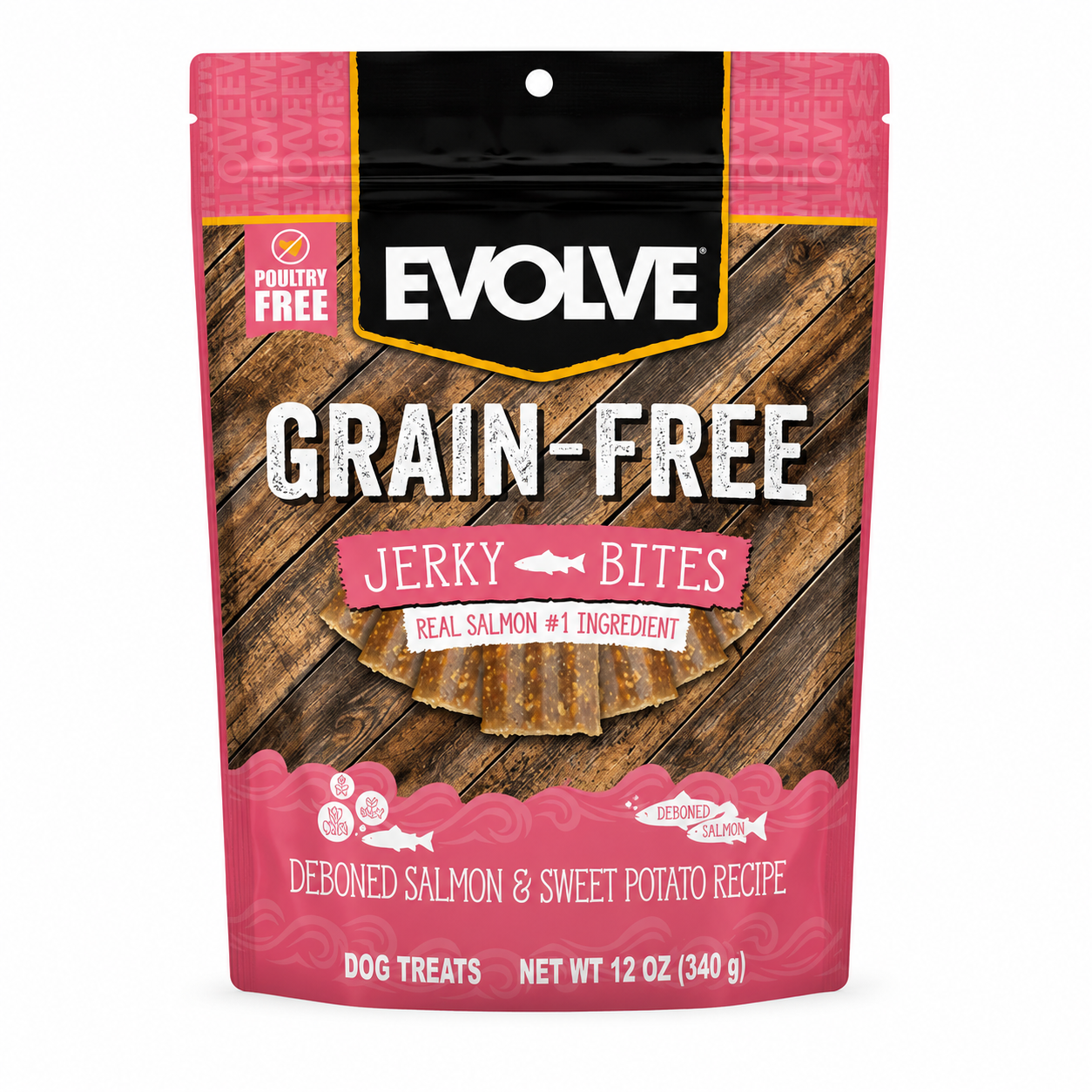 Evolve Grain-Free Jerky Bites Salmón y Batata – Premios Naturales para Perros 340 g