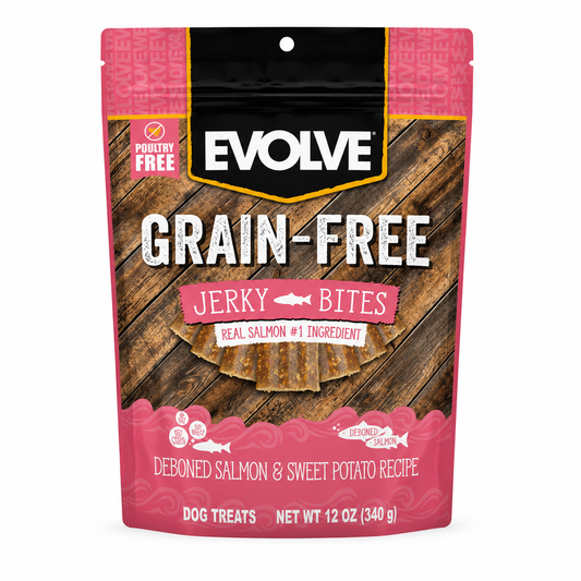 Empaque de premios Evolve Grain-Free Jerky Bites de salmón y batata para perros 340 g