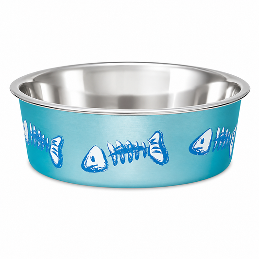 Comedero gatos acero inoxidable azul diseño espinas pescado XSmall