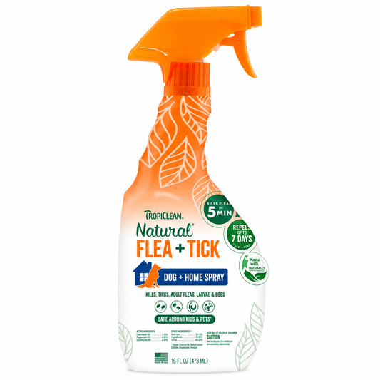 Botella naranja de spray TropiClean Natural Flea + Tick 473 ml con gatillo pulverizador