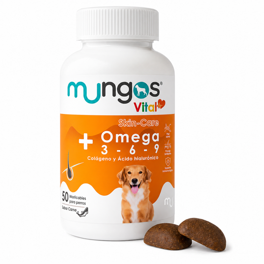 Mungos Vital Omega 3-6-9 suplemento para perros con colágeno e ácido hialurónico, 50 masticables sabor carne