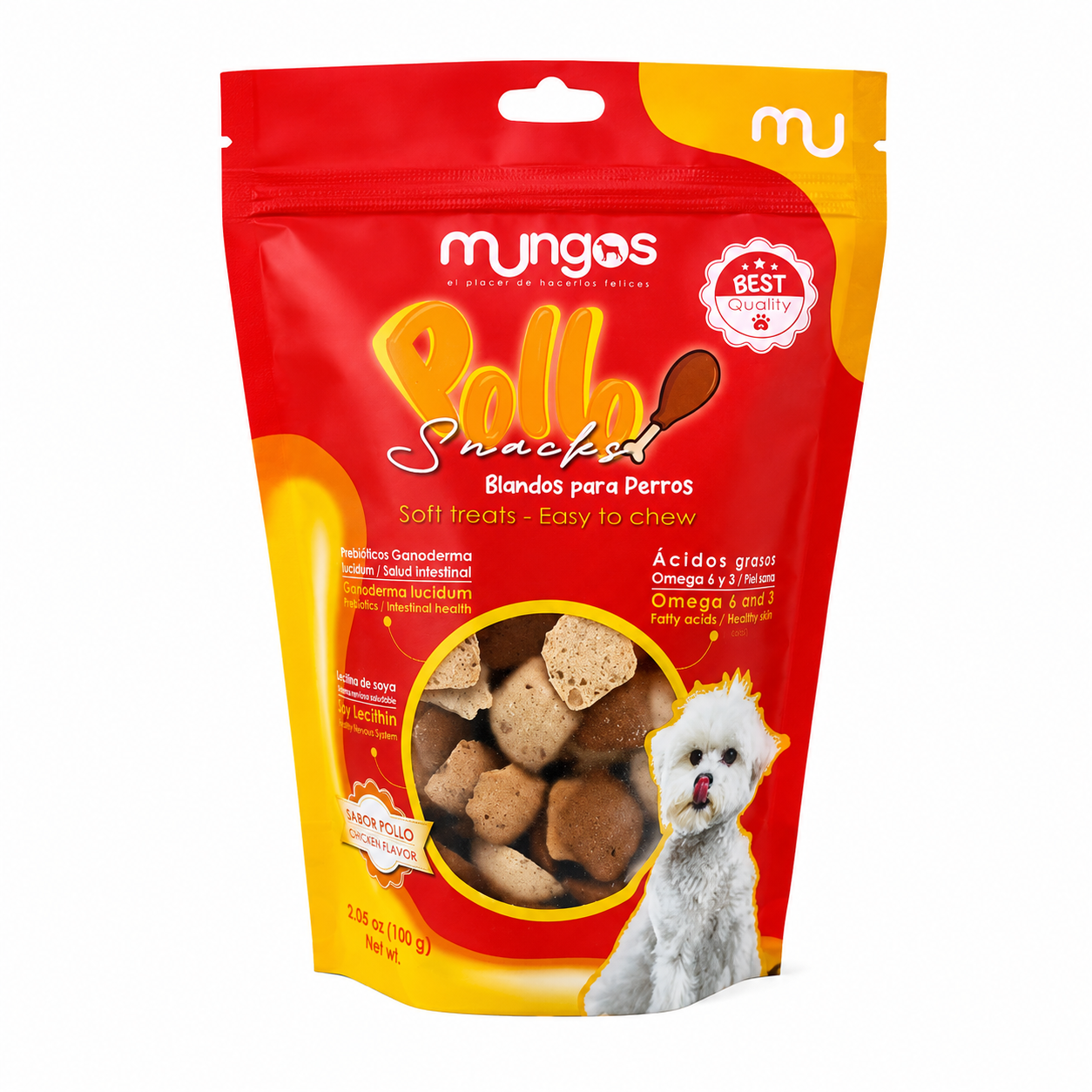 Empaque de premios blandos Mungos Rollitos sabor pollo con un perro blanco
