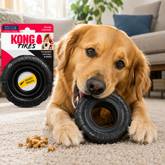 Golden Retriever jugando con el juguete de caucho negro KONG Tires dispensador de premios