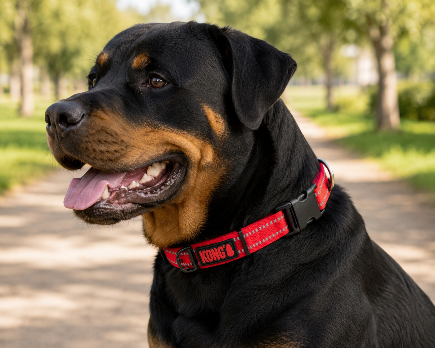 Rottweiler con collar rojo reflectivo de nylon KONG con hebilla de seguridad en un parque