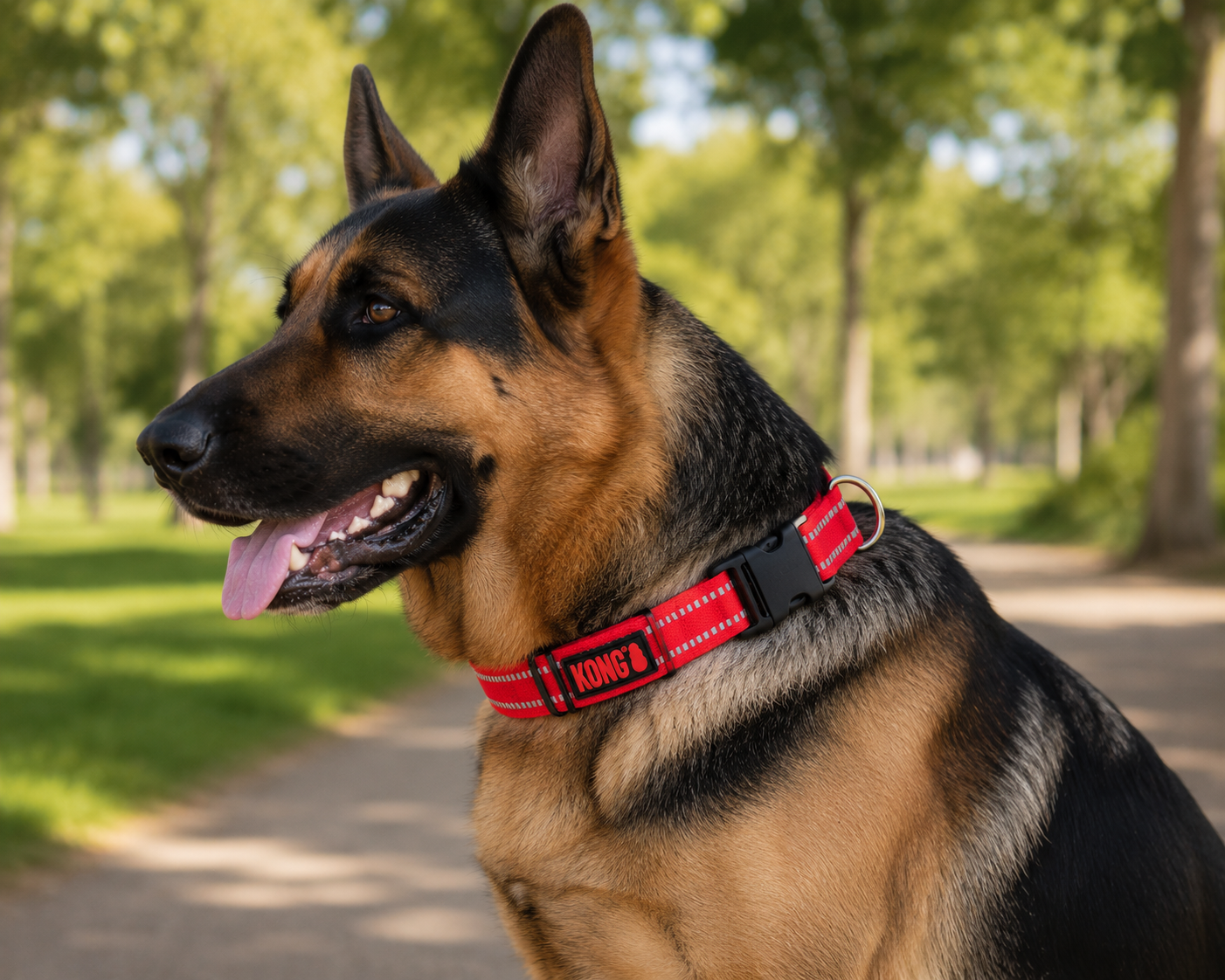 Pastor Alemán con collar rojo reflectivo de nylon KONG con anilla de seguridad en un parque