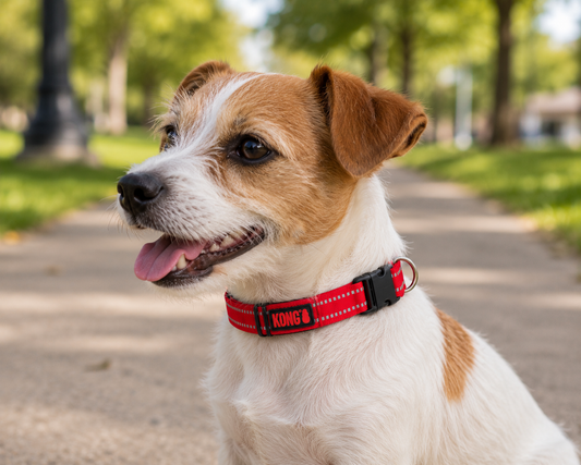 Collar KONG nylon reflectivo rojo small en perro pequeño marrón y blanco en parque