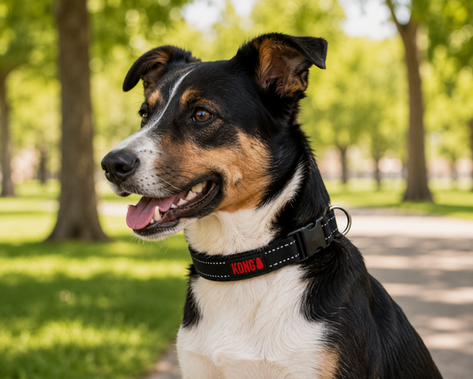 Perro mediano con collar KONG nylon negro resistente en parque