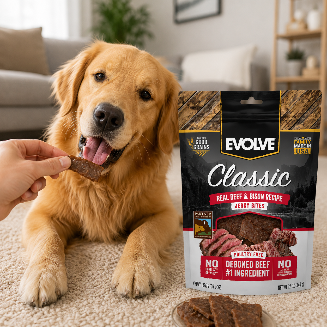 Evolve Classic Jerky Bites Real Beef & Bison Recipe – Premios Naturales para Perros 340 g